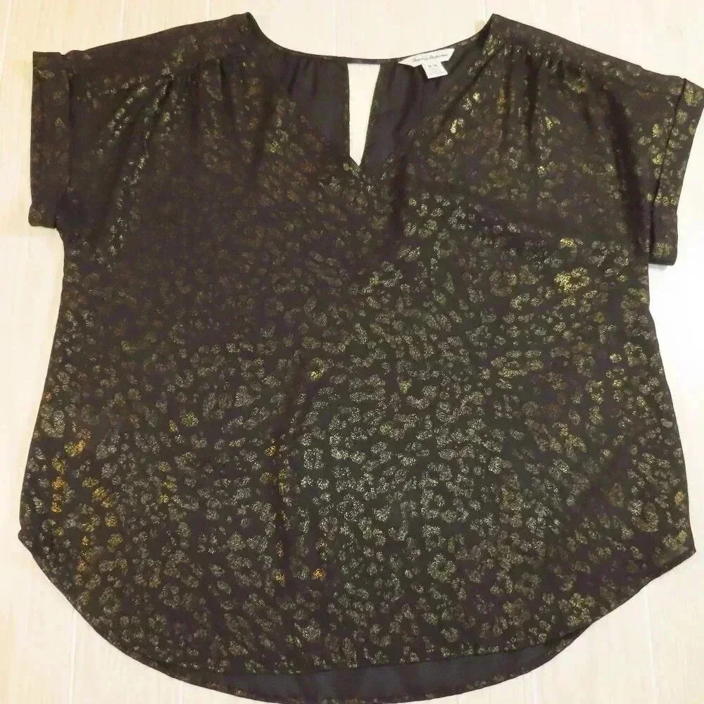 Tommy Bahama Black Gold Metallic Animal Print Short Sleeve Top Polyester Size M